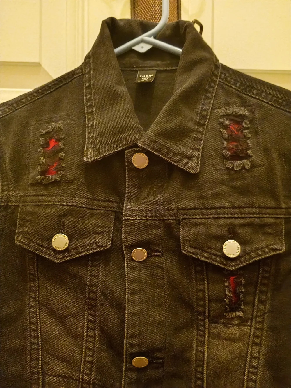 SHEIN Black Distressed Denim Jacket with Red Underlay